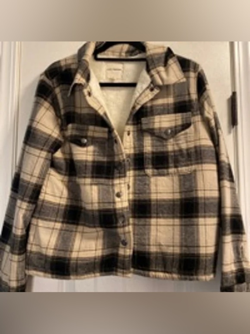 preowned lucky brand Cozy Black and Cream Plaid Button-Up Shacket